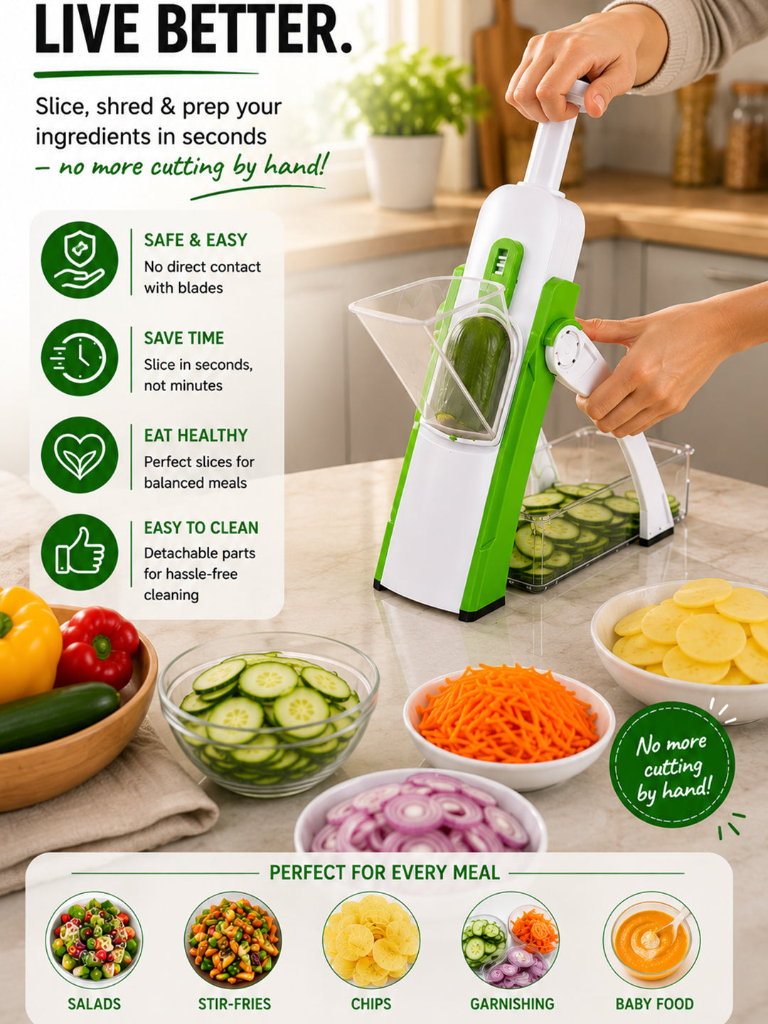 SAGEWARE Vegetable Chopper for Kitchen Use with Container | 5 Blade Manual Vegetable Cutter & Slicer | Push Chopper for Onion, Potato, Tomato, Carrot | Vegetable Cutter Tool for Kitchen