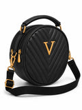 Women’s Black Round Quilted Crossbody Sling Bag with Gold Hardware