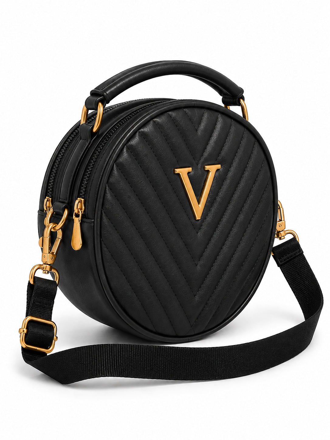 Women’s Black Round Quilted Crossbody Sling Bag with Gold Hardware
