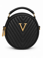Women’s Black Round Quilted Crossbody Sling Bag with Gold Hardware