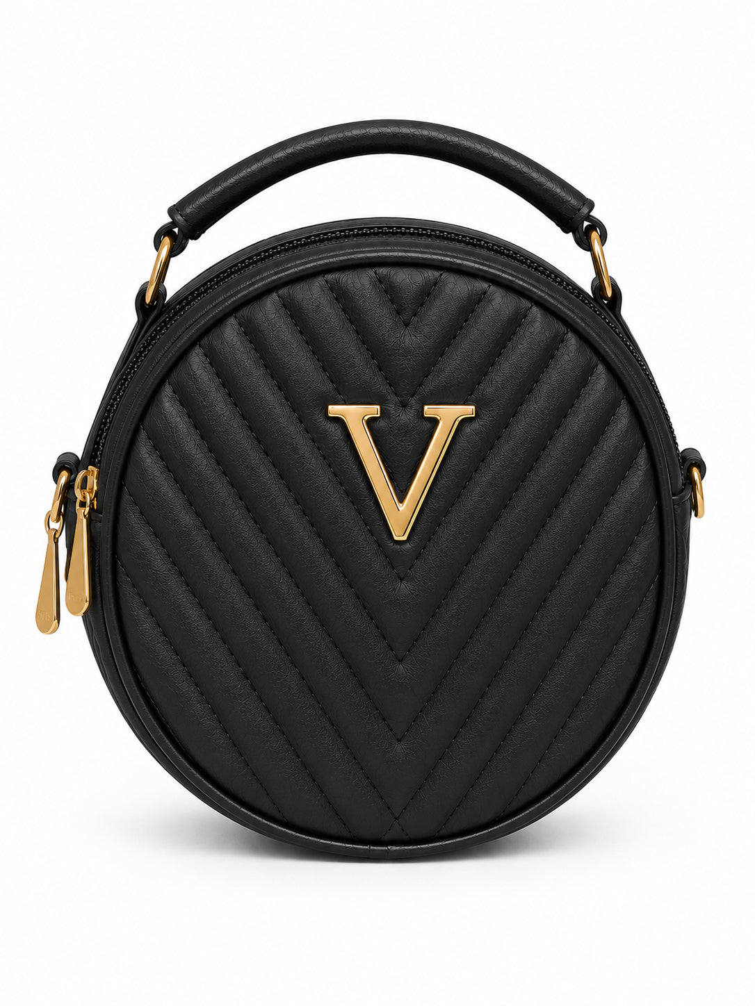 Women’s Black Round Quilted Crossbody Sling Bag with Gold Hardware