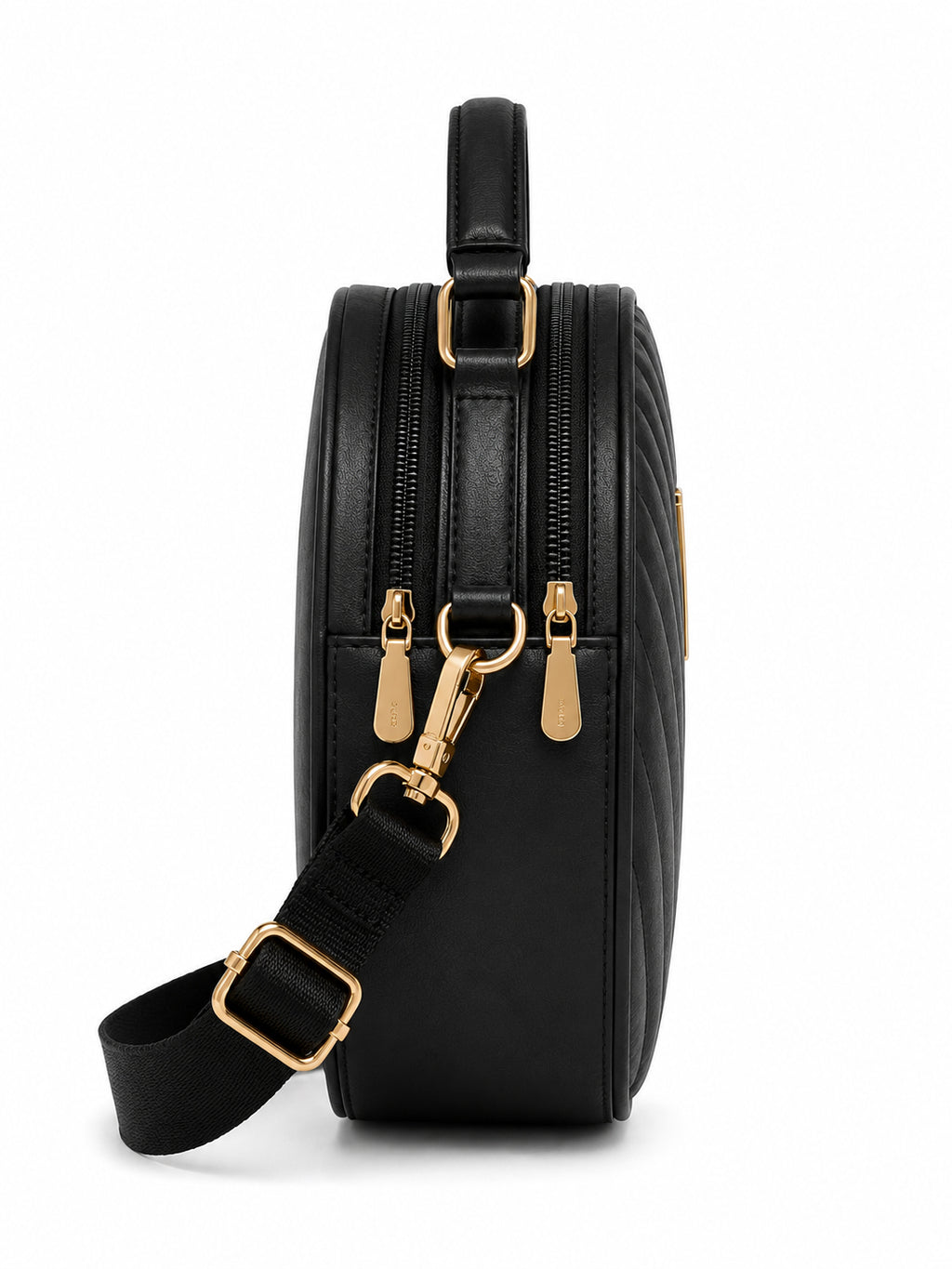 Women’s Black Round Quilted Crossbody Sling Bag with Gold Hardware