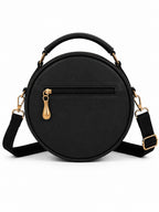 Women’s Black Round Quilted Crossbody Sling Bag with Gold Hardware