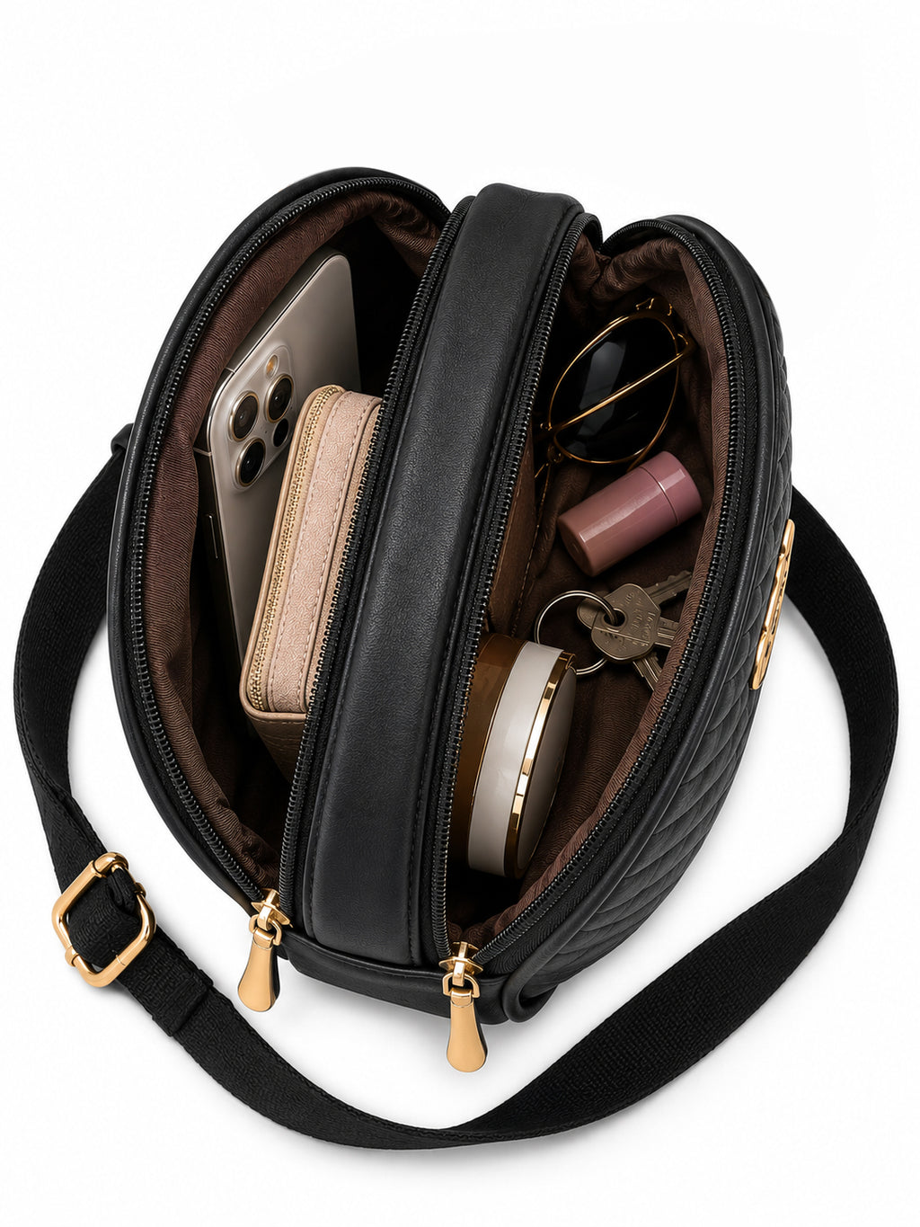 Women’s Black Round Quilted Crossbody Sling Bag with Gold Hardware