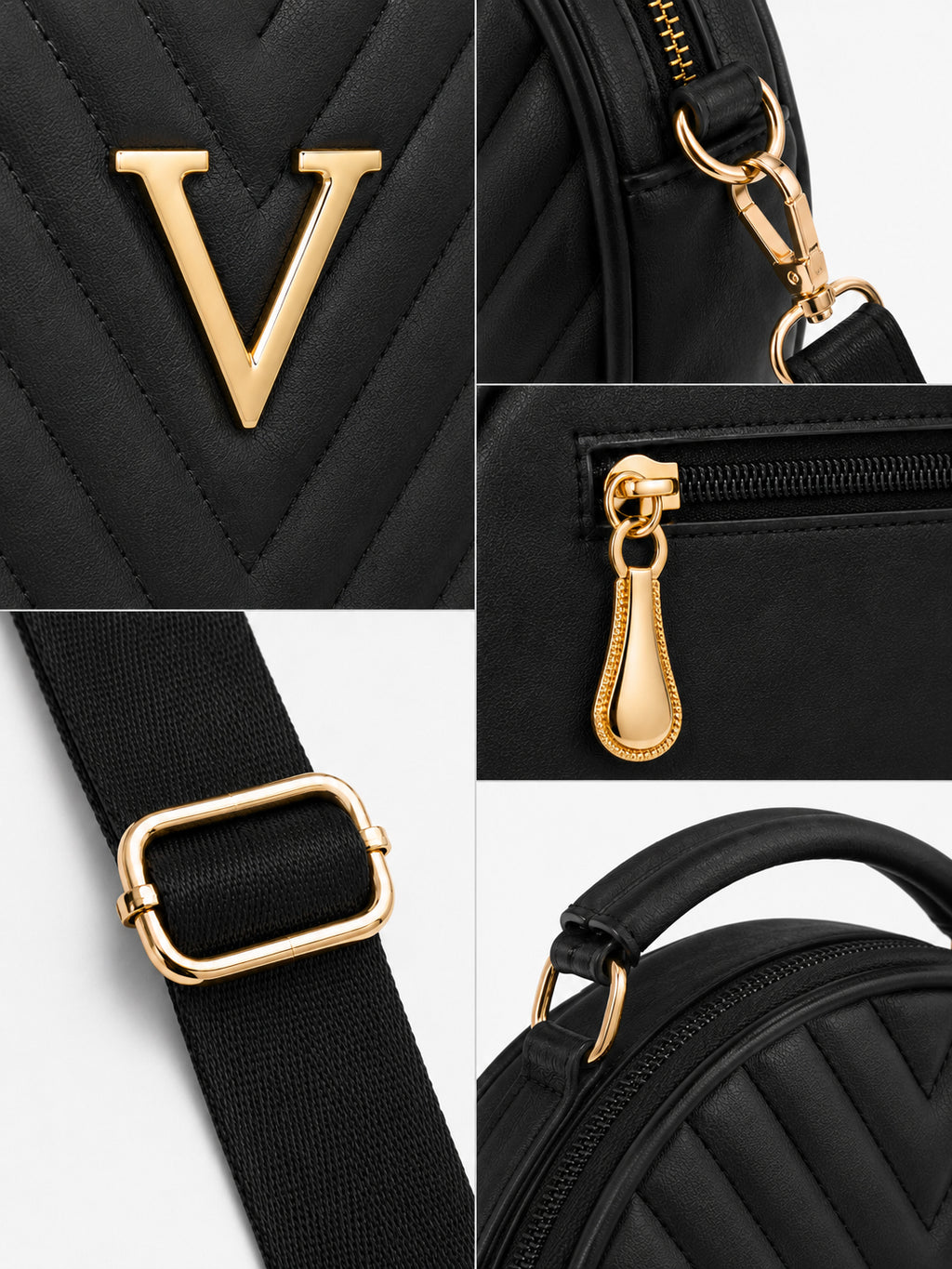Women’s Black Round Quilted Crossbody Sling Bag with Gold Hardware