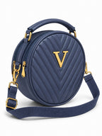 Women’s Navy Blue Round Quilted Crossbody Sling Bag with Gold Hardware