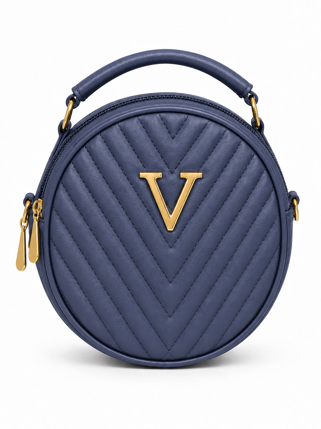 Women’s Navy Blue Round Quilted Crossbody Sling Bag with Gold Hardware