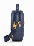 Women’s Navy Blue Round Quilted Crossbody Sling Bag with Gold Hardware