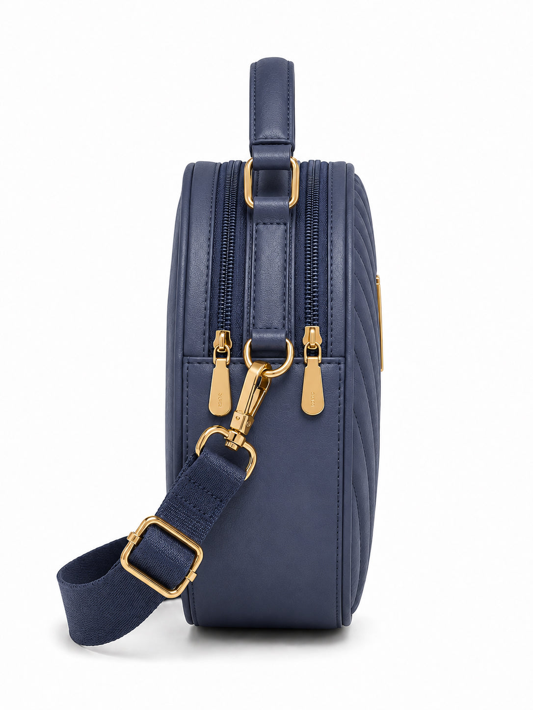 Women’s Navy Blue Round Quilted Crossbody Sling Bag with Gold Hardware