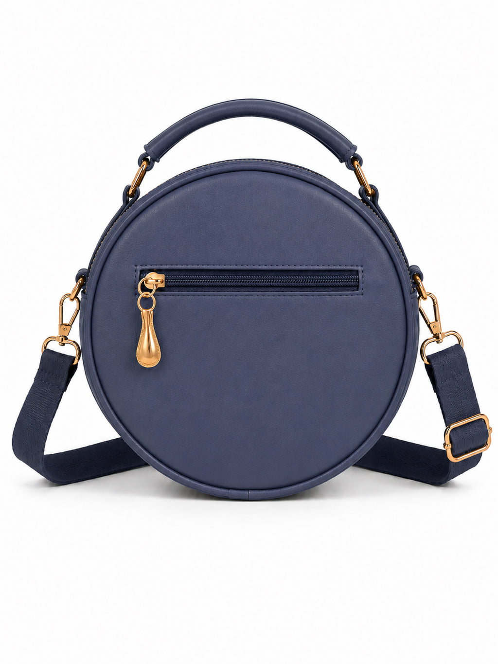 Women’s Navy Blue Round Quilted Crossbody Sling Bag with Gold Hardware
