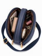 Women’s Navy Blue Round Quilted Crossbody Sling Bag with Gold Hardware