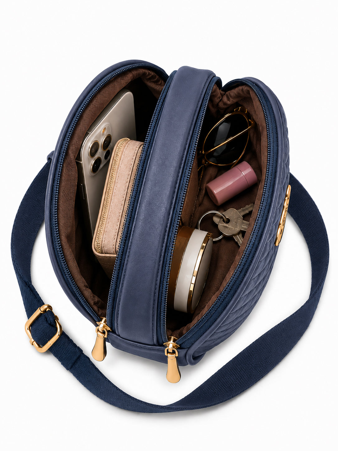 Women’s Navy Blue Round Quilted Crossbody Sling Bag with Gold Hardware