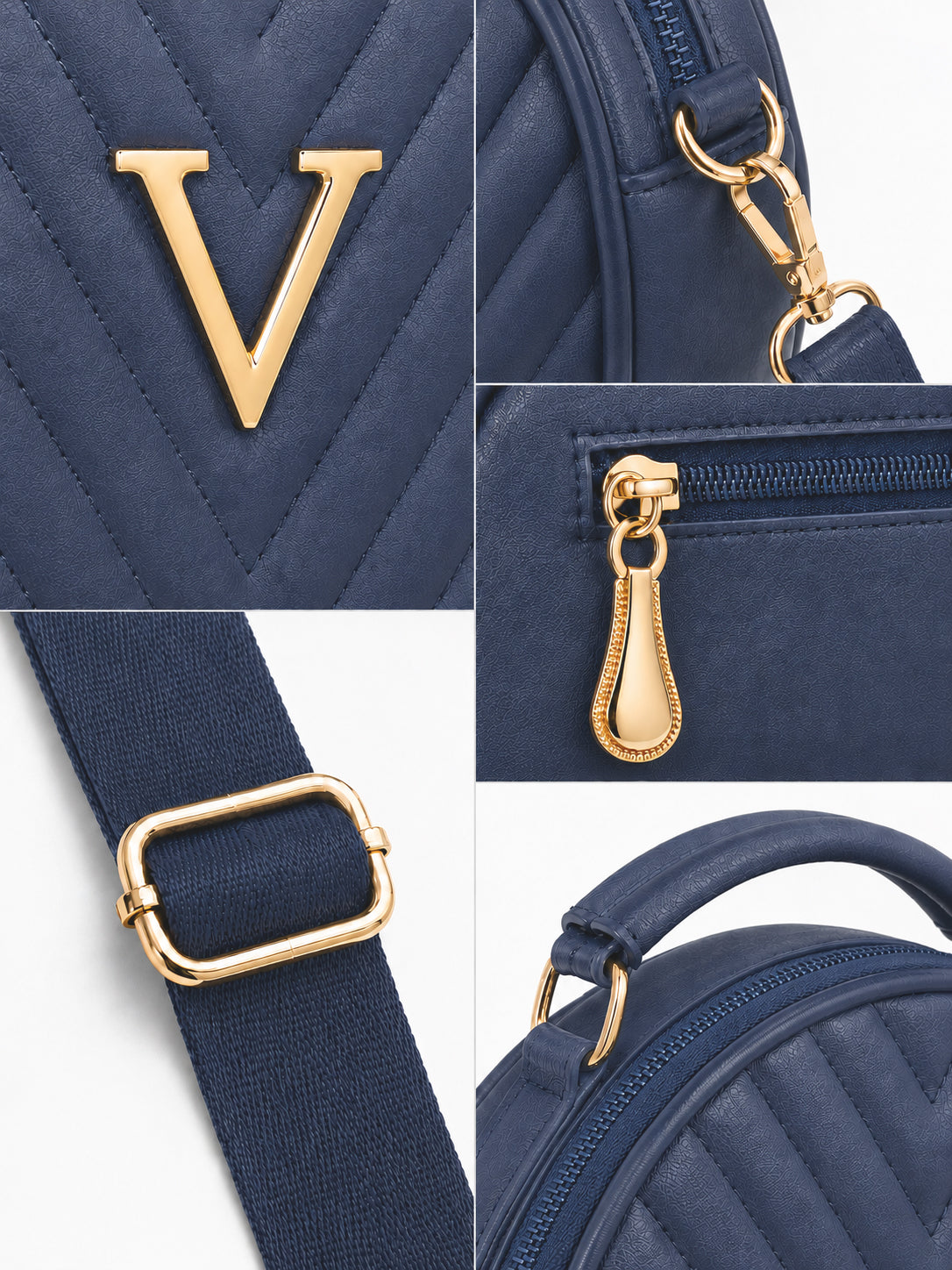 Women’s Navy Blue Round Quilted Crossbody Sling Bag with Gold Hardware