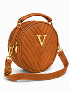 Women’s Brown Round Quilted Crossbody Sling Bag with Gold Hardware