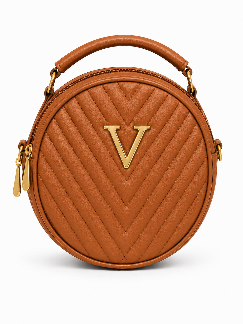 Women’s Brown Round Quilted Crossbody Sling Bag with Gold Hardware