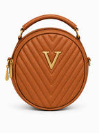 Women’s Brown Round Quilted Crossbody Sling Bag with Gold Hardware
