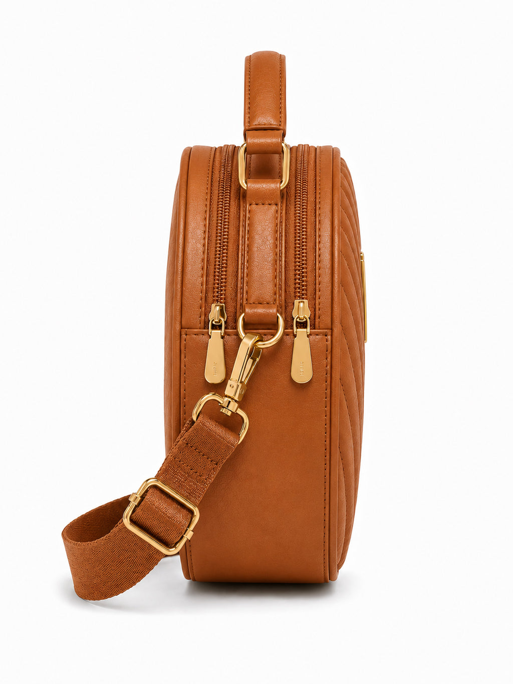 Women’s Brown Round Quilted Crossbody Sling Bag with Gold Hardware