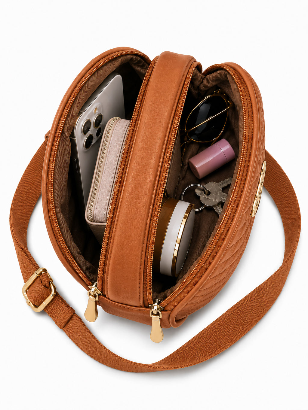Women’s Brown Round Quilted Crossbody Sling Bag with Gold Hardware
