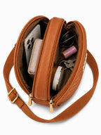 Women’s Brown Round Quilted Crossbody Sling Bag with Gold Hardware