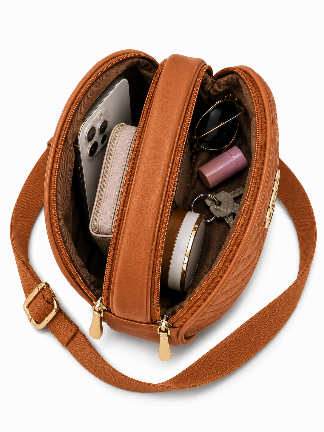 Women’s Brown Round Quilted Crossbody Sling Bag with Gold Hardware