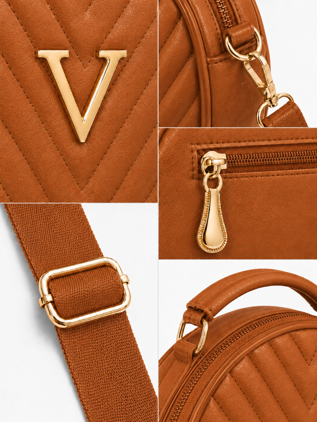 Women’s Brown Round Quilted Crossbody Sling Bag with Gold Hardware