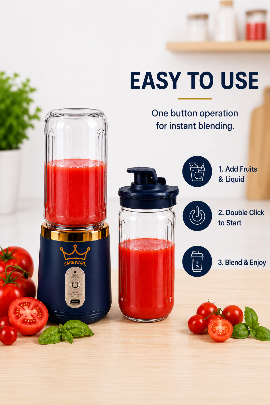 USB Rechargeable Personal Blender Bottle | Portable Mixer Grinder for Smoothies, Juices & Protein Shakes