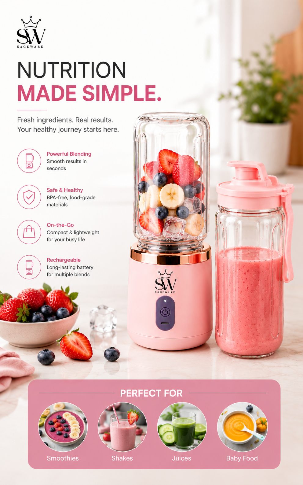 Portable USB Rechargeable Blender Bottle for Smoothies & Juices | Mini Mixer Grinder with Travel Bottle | Fruit Juicer for Gym, Office & Travel |