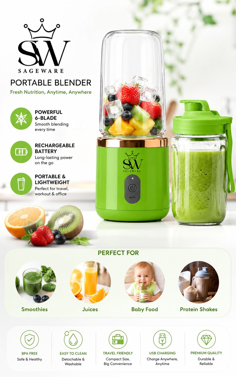 Mini Portable Blender for Smoothies & Shakes | USB Rechargeable Fruit Juicer Bottle with Travel Cup