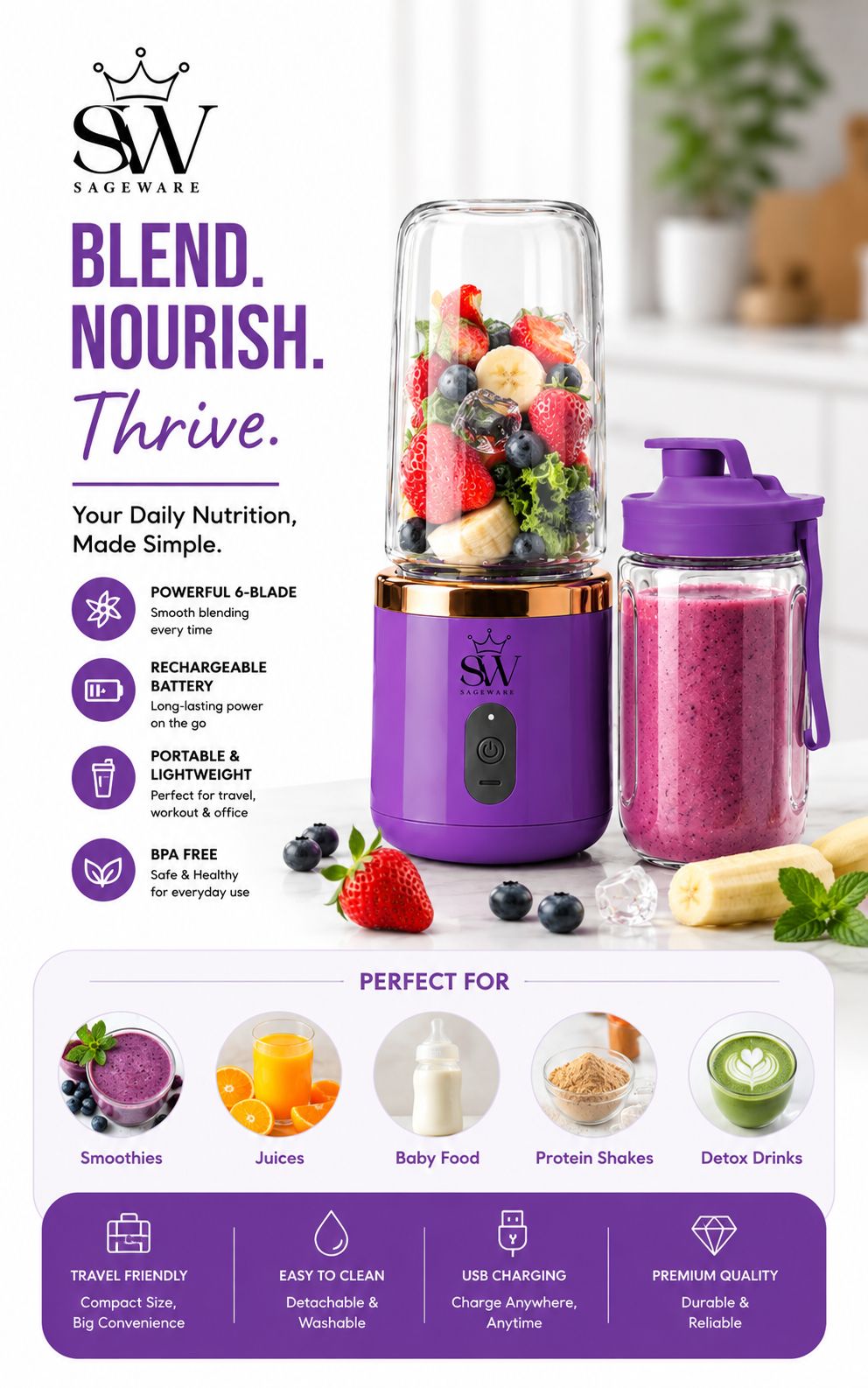 Portable Fruit Juicer Blender Bottle | Mini Smoothie Maker with USB Charging for Home, Gym & Travel