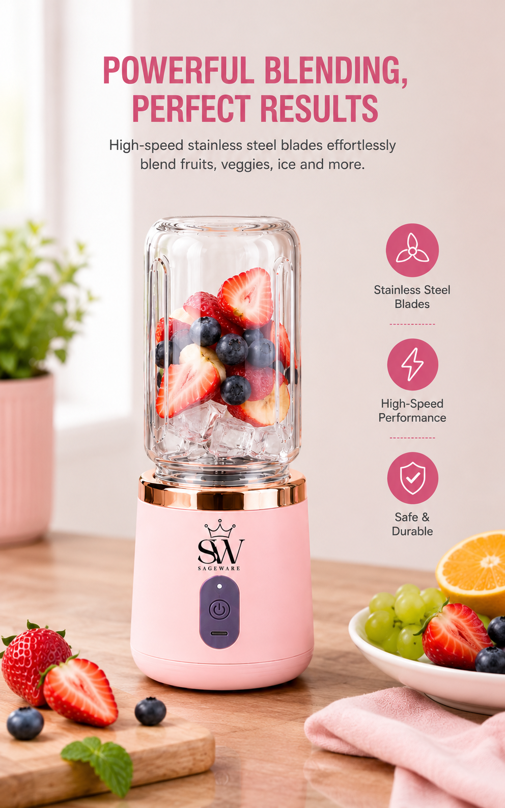 Portable USB Rechargeable Blender Bottle for Smoothies & Juices | Mini Mixer Grinder with Travel Bottle | Fruit Juicer for Gym, Office & Travel |