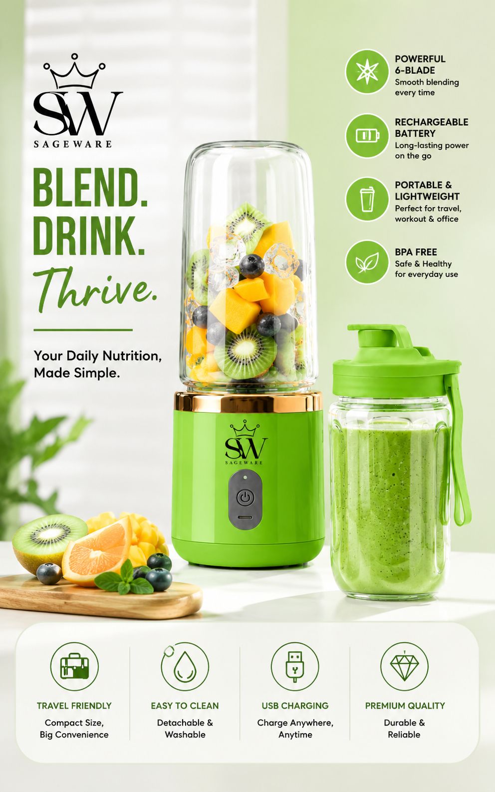 Mini Portable Blender for Smoothies & Shakes | USB Rechargeable Fruit Juicer Bottle with Travel Cup