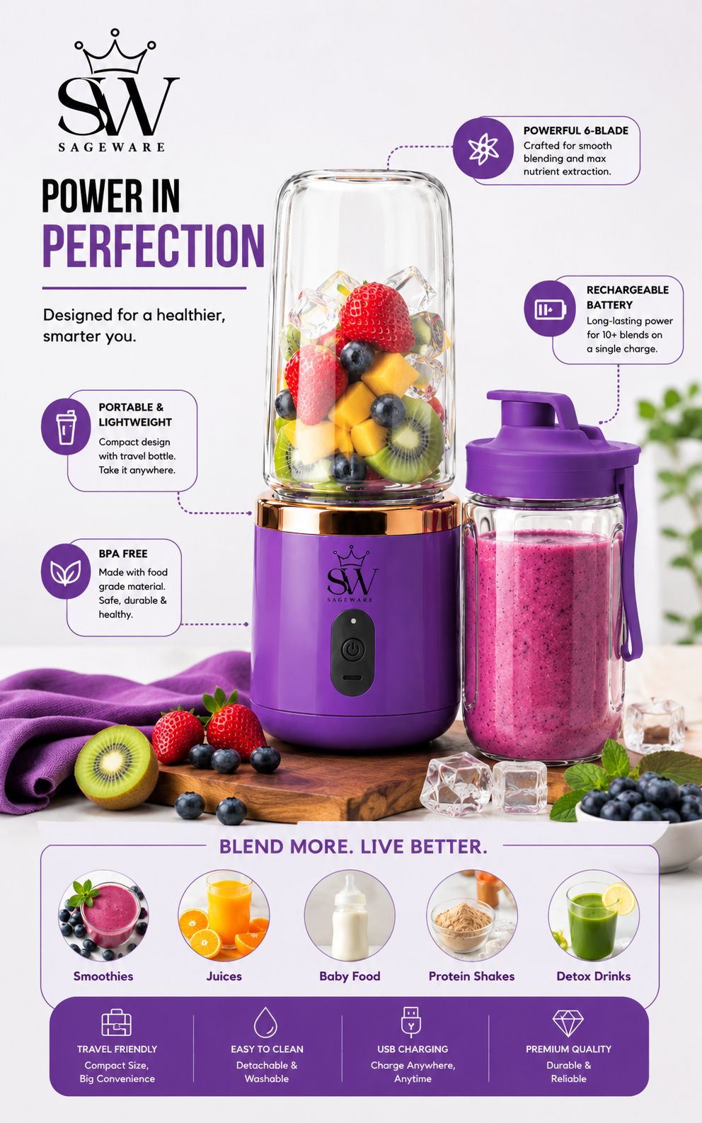 Portable Fruit Juicer Blender Bottle | Mini Smoothie Maker with USB Charging for Home, Gym & Travel