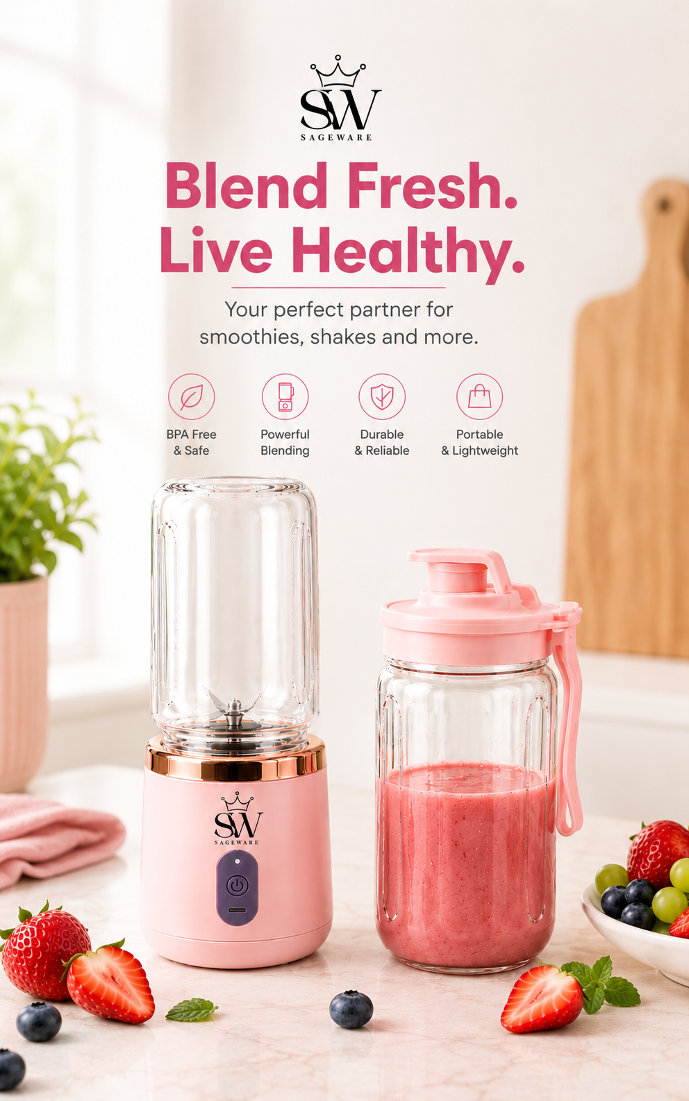 Portable USB Rechargeable Blender Bottle for Smoothies & Juices | Mini Mixer Grinder with Travel Bottle | Fruit Juicer for Gym, Office & Travel |