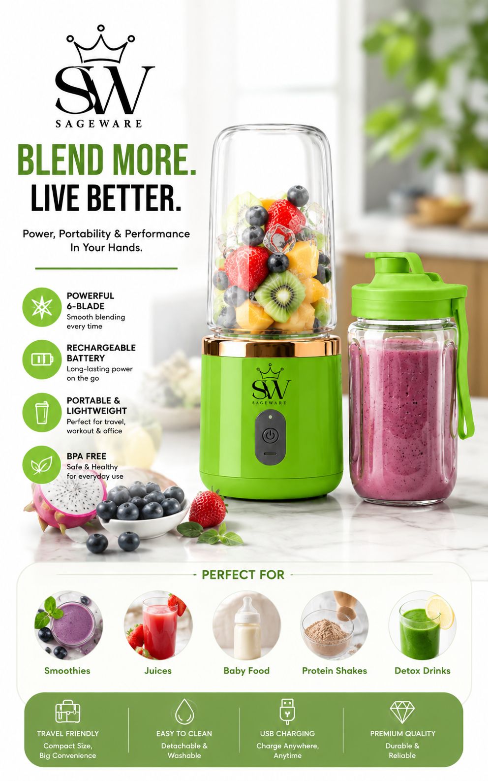 Mini Portable Blender for Smoothies & Shakes | USB Rechargeable Fruit Juicer Bottle with Travel Cup