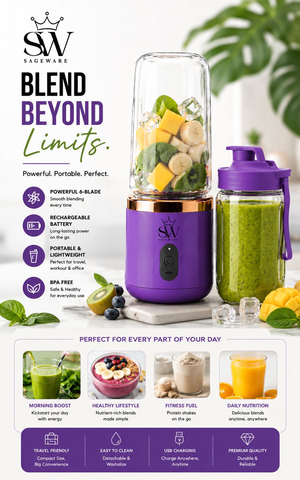 Portable Fruit Juicer Blender Bottle | Mini Smoothie Maker with USB Charging for Home, Gym & Travel