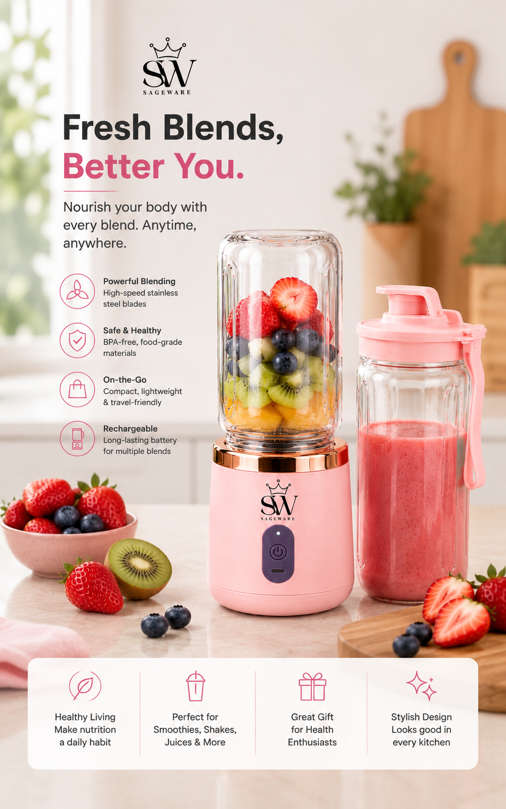 Portable USB Rechargeable Blender Bottle for Smoothies & Juices | Mini Mixer Grinder with Travel Bottle | Fruit Juicer for Gym, Office & Travel |