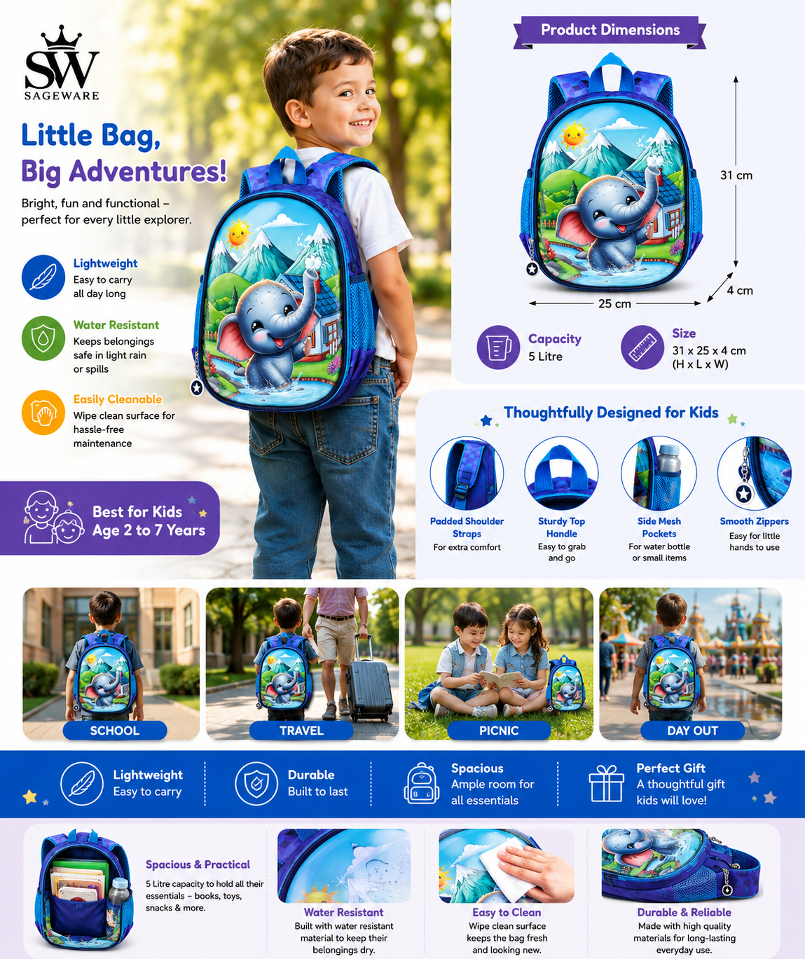 Kids School Bag for Boys & Girls | Lightweight Waterproof Backpack with Multiple Compartments | Stylish School Bag for Nursery, Kindergarten & Primary Students