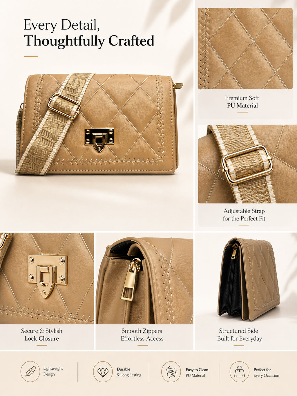 Designer Quilted Sling Bag for Women | Elegant Side Purse with Chain Strap