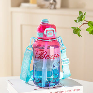 Stylish Beauty 1500ml Water Bottle – Motivational Markings, Straw, & Shoulder Strap for Active Lifestyles Pink