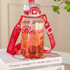 Stylish Beauty 1500ml Water Bottle – Motivational Markings, Straw, & Shoulder Strap for Active Lifestyles Red