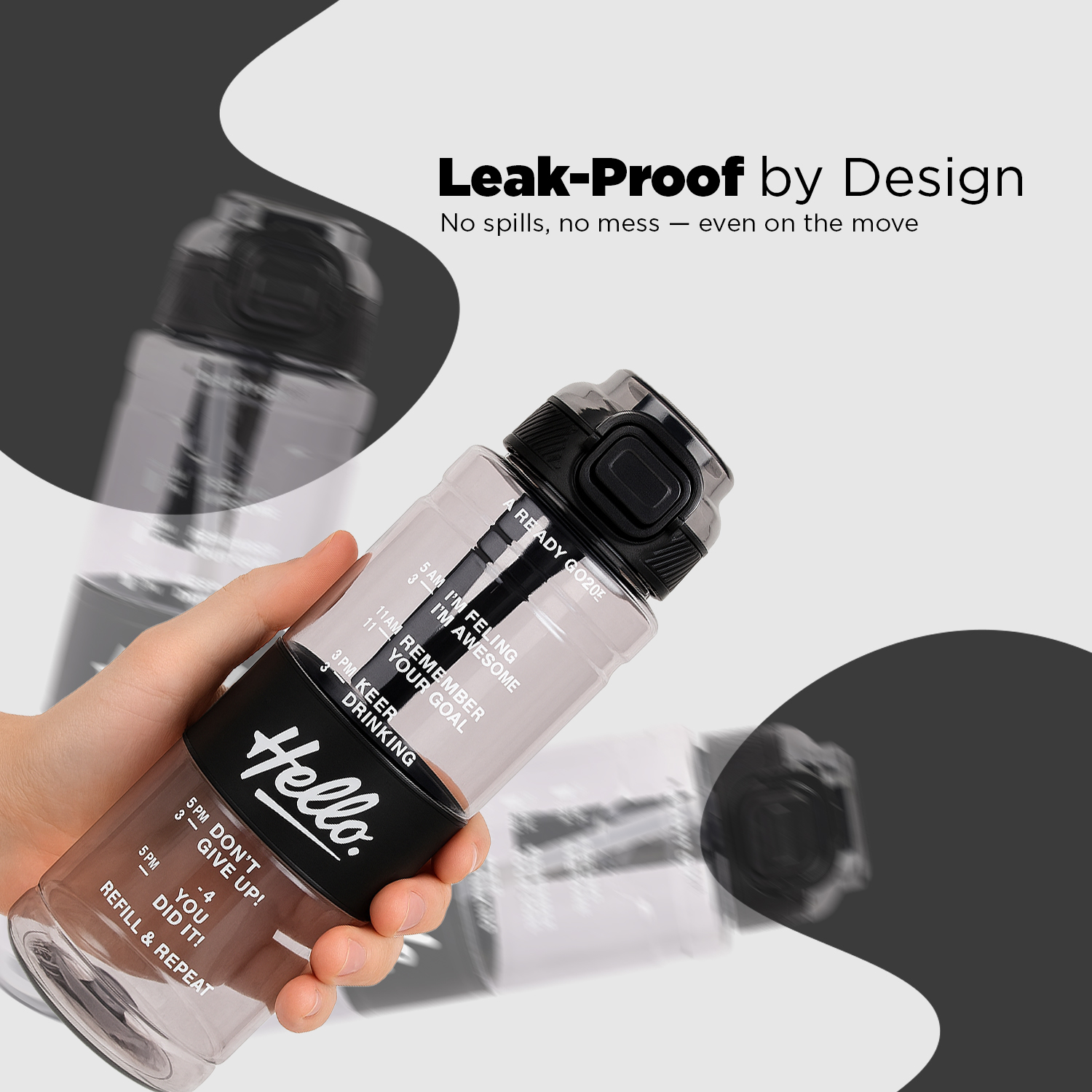 Sageware Hello Quote Printed Multi-Purpose Water Bottle – 1L Leakproof & Durable Daily Use (Black) - Image 2